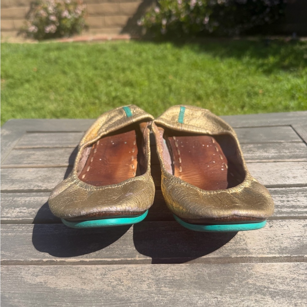 Tieks Metallic Gold Ballet Flats with Teal Trim